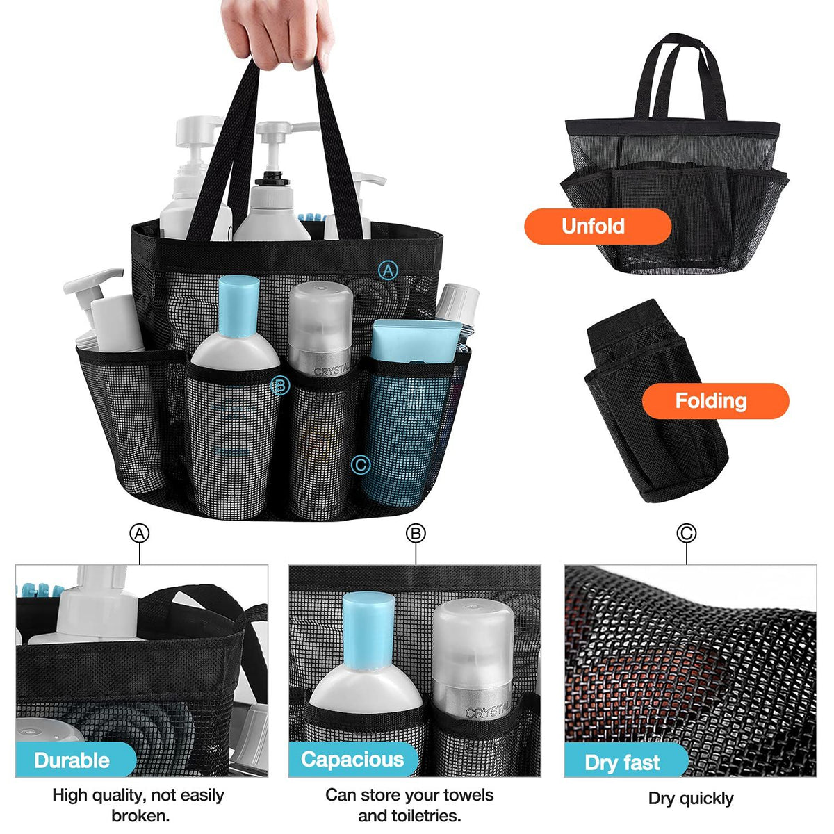 Portable mesh shower caddy basket by Everything Baby, featuring multiple compartments for organizing bath and dorm essentials.