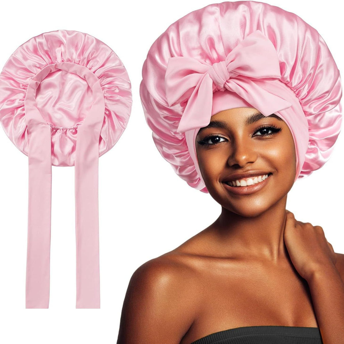 Pink satin sleep bonnet for girls, adjustable silk hair bonnet from Everything Baby, ideal for comfortable nighttime sleep.