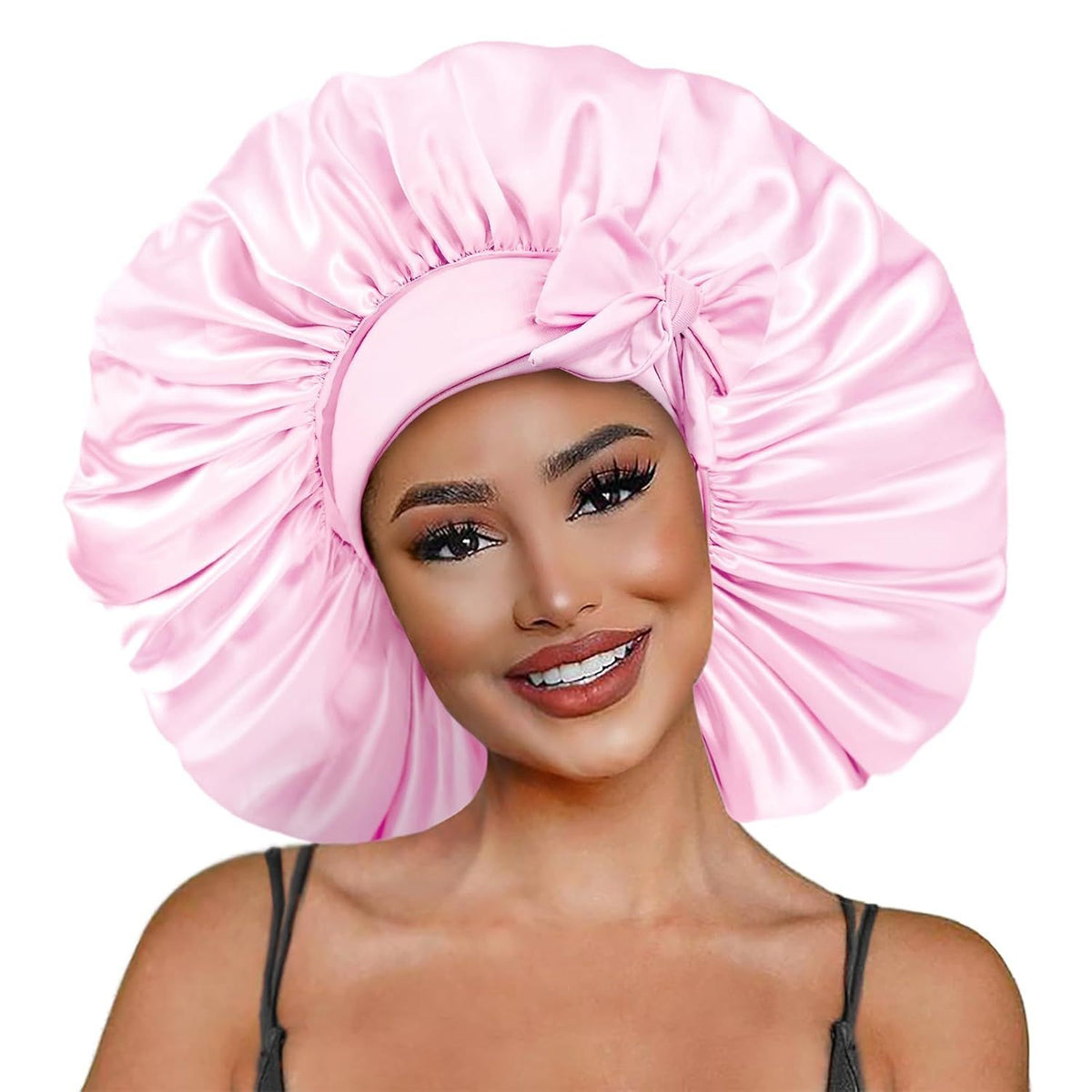 Pink satin silk sleep bonnet for girls, adjustable sleep bonnet by Everything Baby, ideal for protecting hair during nighttime.