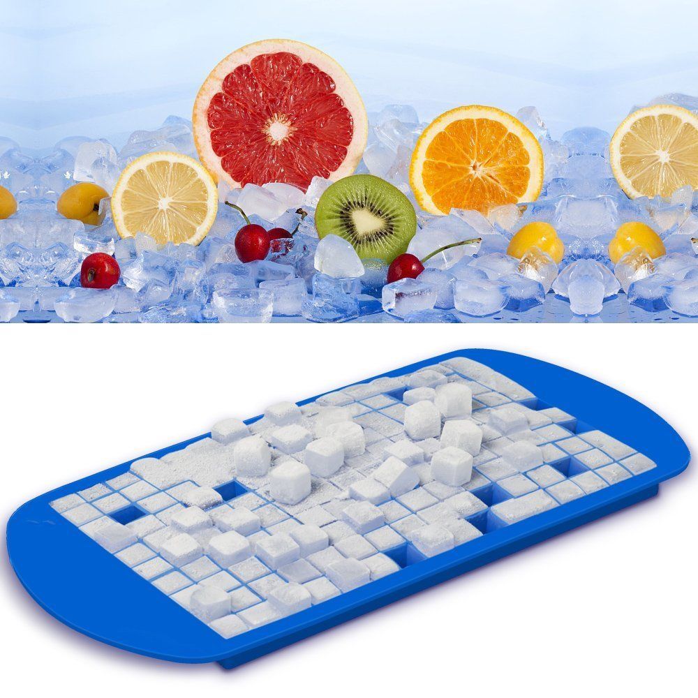 Two blue mini silicone ice cube trays from Everything Baby, flexible DIY molds for small ice cubes, BPA free and ideal for baby feeding.