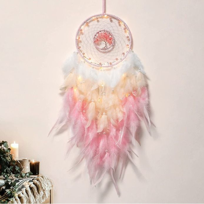 Pink dream catcher for girls' room decor featuring a tree of life and crystals, ideal for teen girls and kids' bedroom decoration.