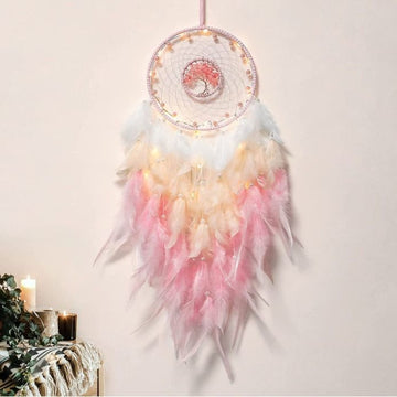 Pink dream catcher for girls' room decor featuring a tree of life and crystals, ideal for teen girls and kids' bedroom decoration.