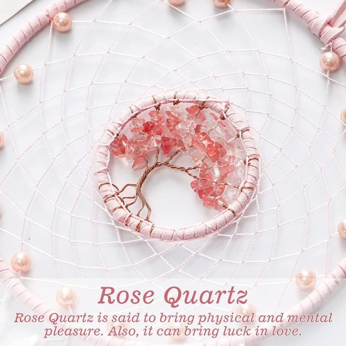Pink dream catcher with crystal accents for girls' and kids' room decor, featuring a tree of life design, ideal for teen and bedroom decoration.