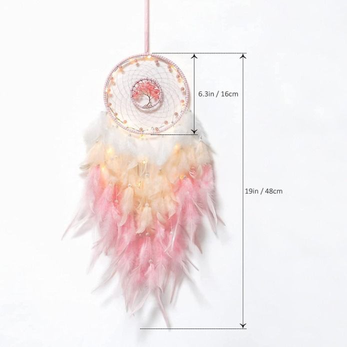 Pink dream catcher with crystal accents for girls' room decor, featuring a tree of life design, ideal for kids' bedroom decoration.