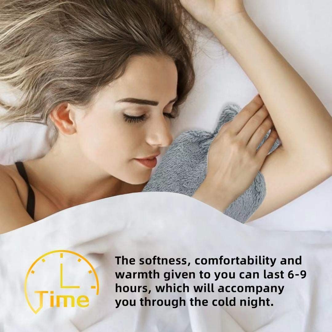 Rubber hot water bottle with cover, 2L capacity, designed for pain relief and comfort, suitable for menstrual cramps and neck pain.
