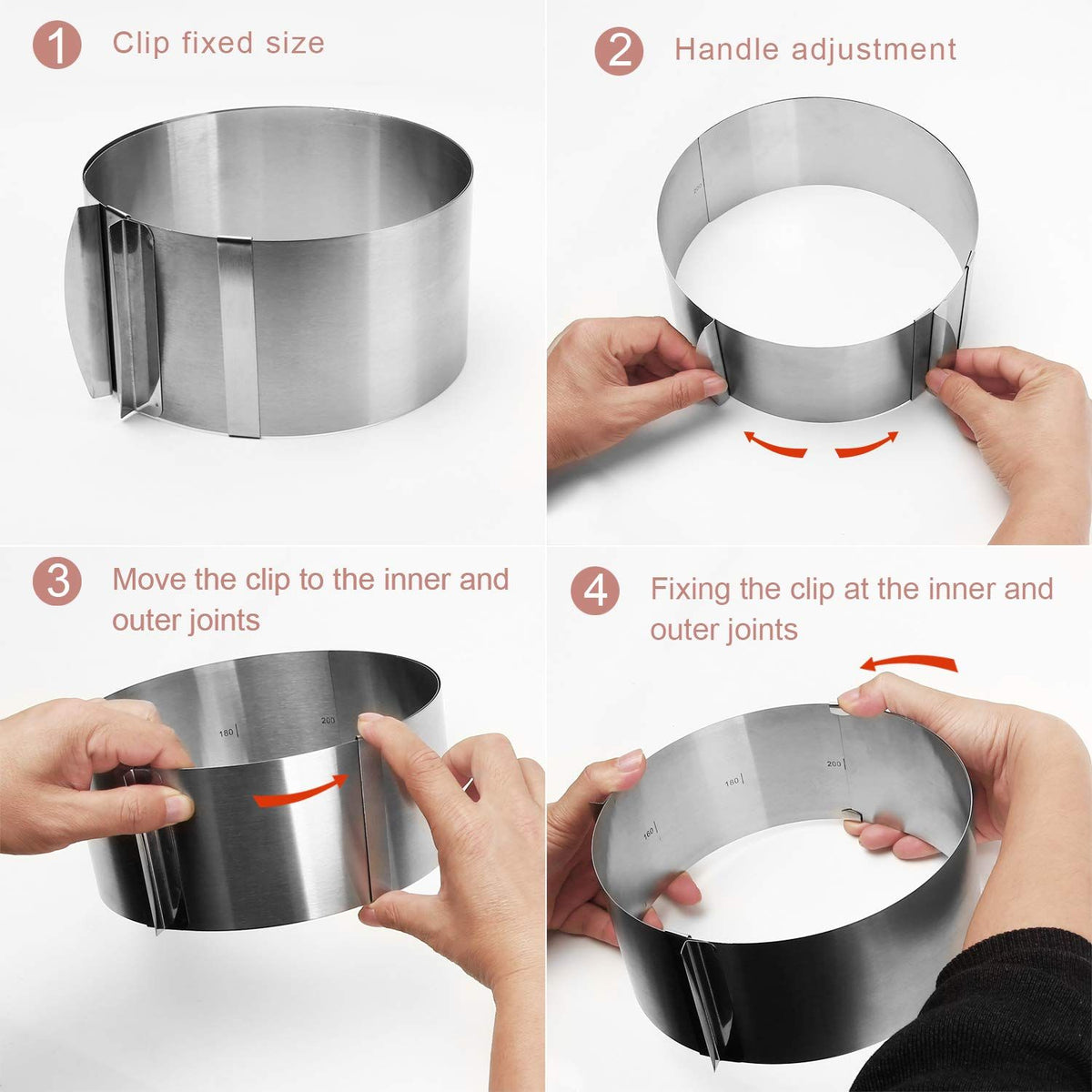 Adjustable stainless steel cake mold ring with sliding mechanism, ideal for DIY baking, mousse, and dessert preparation.