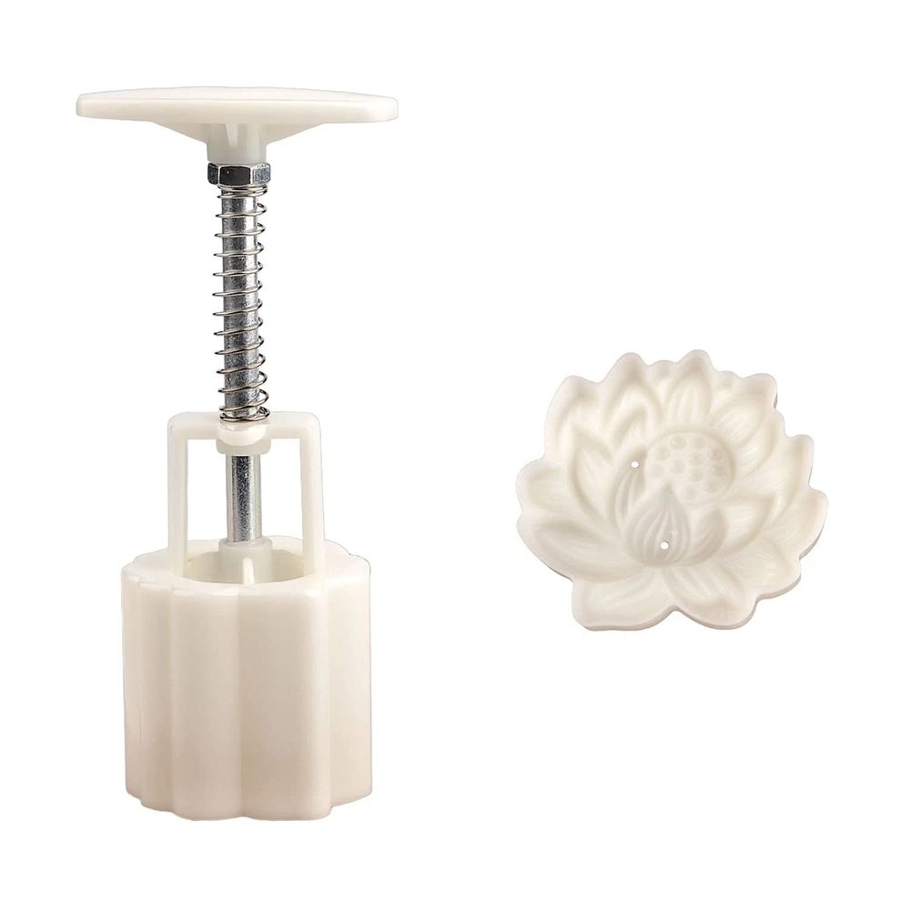 Stamped mooncake mold with flower design, used for DIY mooncake desserts, featuring a hand-pressed puff pastry mold for treats.