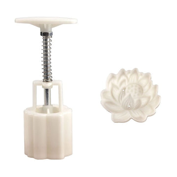 Stamped mooncake mold with flower design, used for DIY mooncake desserts, featuring a hand-pressed puff pastry mold for treats.