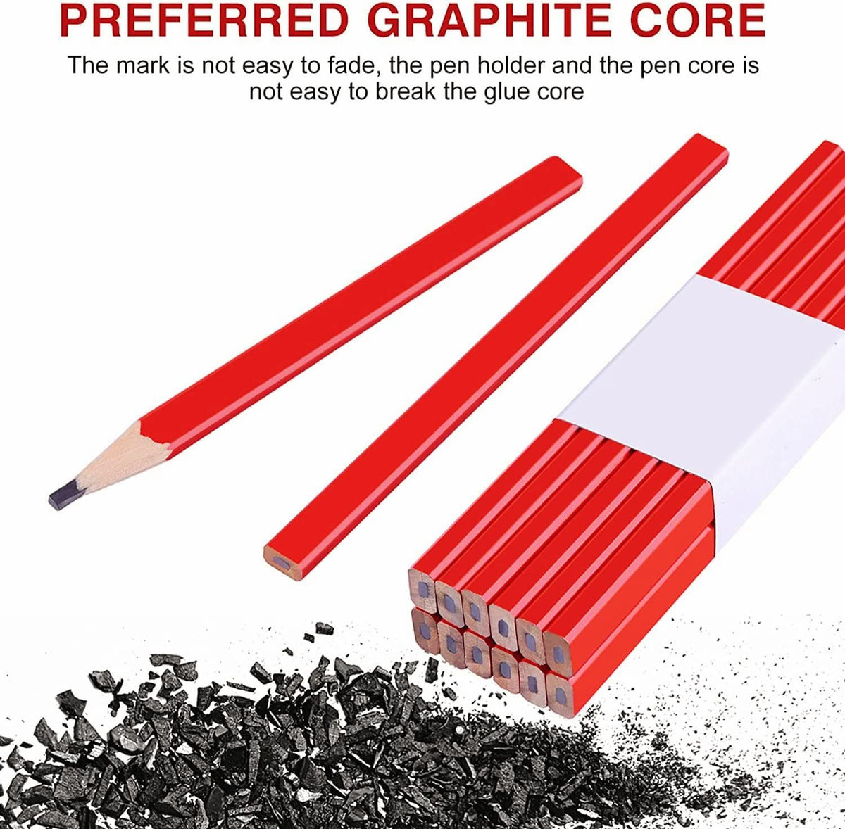 Set of 12 black lead carpenter pencils with flat octagonal bodies for woodworking and marking projects.