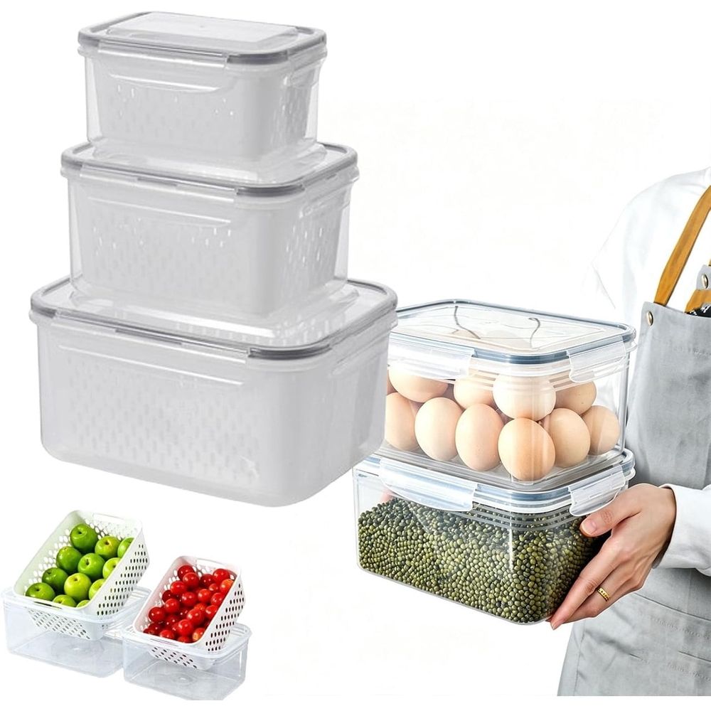 Everything Baby fruit container set with removable colander, leak-proof lid, stackable design for baby feeding and snack storage.