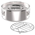 Stainless steel non-stick flan mold with lid for pretend play, designed for kids, in a colorful toy kitchen setting.