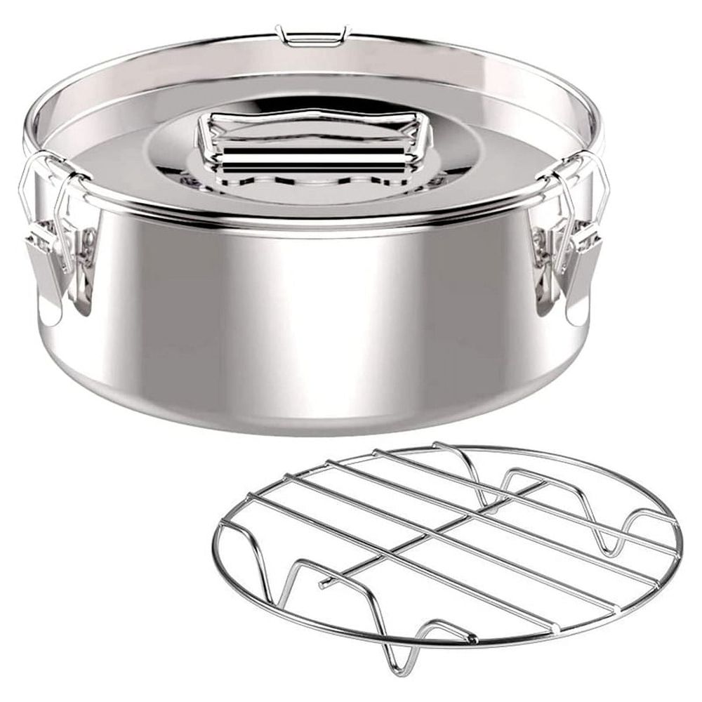 Stainless steel non-stick flan mold with lid for pretend play, designed for kids, in a colorful toy kitchen setting.
