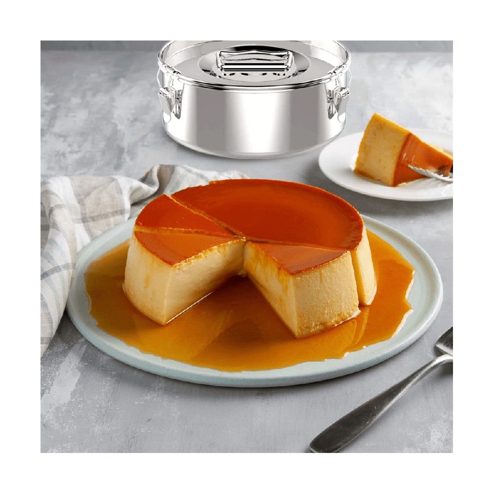 Stainless steel non-stick flan mold with lid, suitable for pretend play as a toy kitchen accessory for children