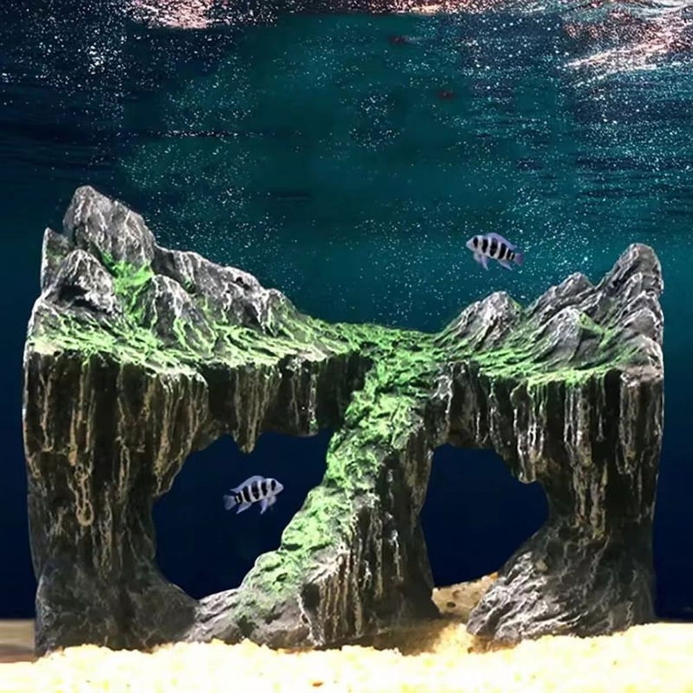 Resin aquarium decoration with simulated rock mountain, cave, and hiding spots for fish tank habitat, by Everything Baby.
