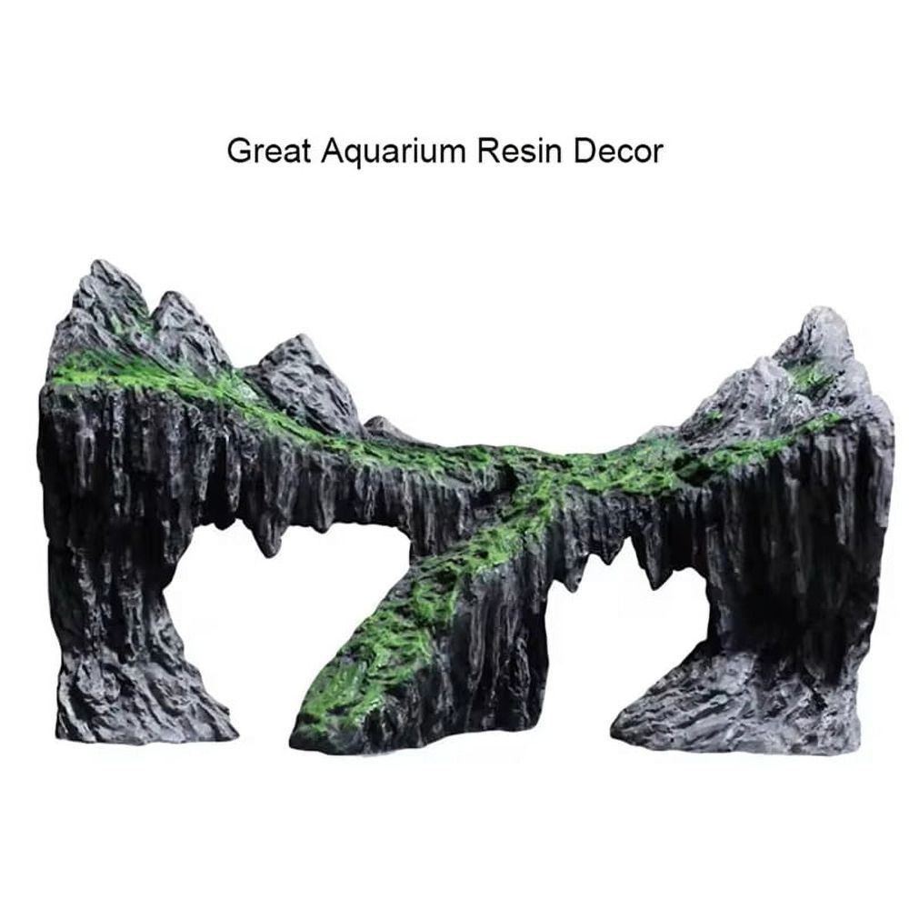 Resin aquarium decoration with rock mountain cave for fish tank, featuring natural-looking rocks and hiding spots for aquatic pets.