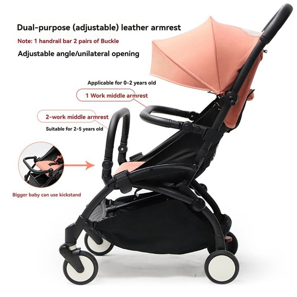 Adjustable stroller bumper bar armrest by Everything Baby attached to a baby pushchair for added comfort and safety.