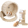 Two-piece hamster wheel set with silent running wheel and adjustable water dispenser stand for small pets like hamsters, hedgehogs, and guinea pigs.