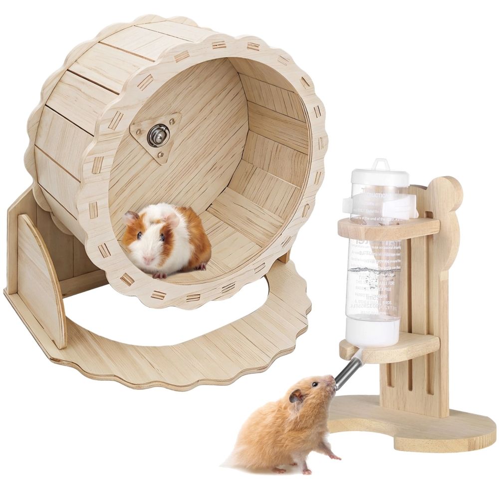 Two-piece hamster wheel set with silent running wheel and adjustable water dispenser stand for small pets like hamsters, hedgehogs, and guinea pigs.