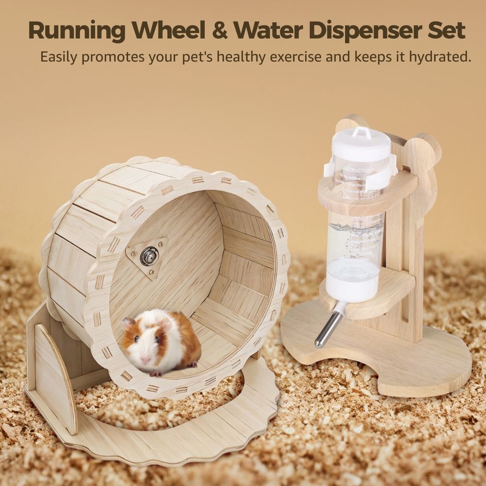 Two hamster wheels with water dispenser stand, silent exercise wheels for hamsters, hedgehogs, and guinea pigs, by Everything Baby.