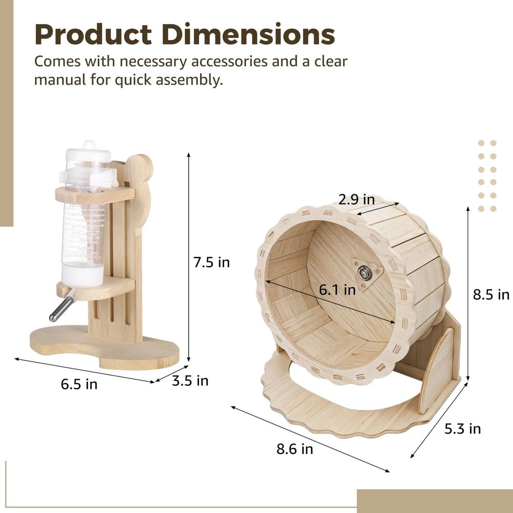 Two-piece hamster wheel set with silent running wheel and adjustable water dispenser stand for small pets like hamsters, hedgehogs, and guinea pigs.