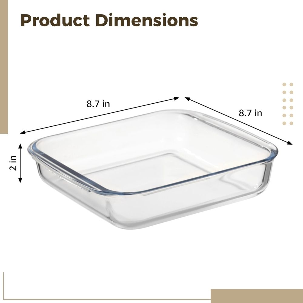 Glass baking dish by Everything Baby, oven-safe square tempered glass casserole for baking, broiling, and serving, 8.7-inch size.