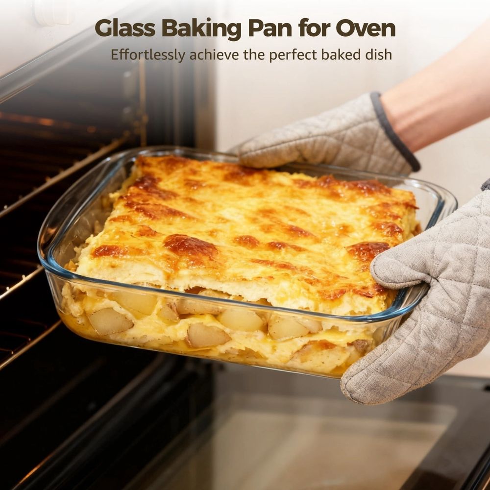 Glass baking dish by Everything Baby, square oven-safe tempered glass casserole pan for baking, broiling, and serving in 8.7-inch size.