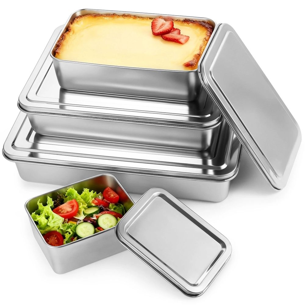 Four stainless steel rectangle cake pans with lids, suitable for baking and cooking, in various sizes, by Everything Baby.