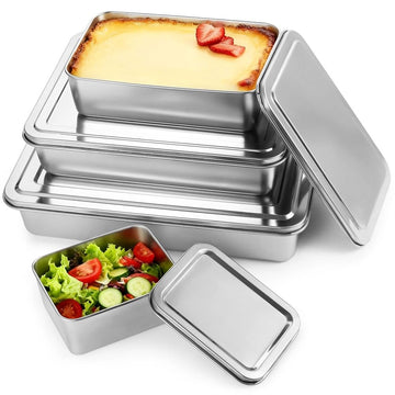 Four stainless steel rectangle cake pans with lids, suitable for baking and cooking, in various sizes, by Everything Baby.