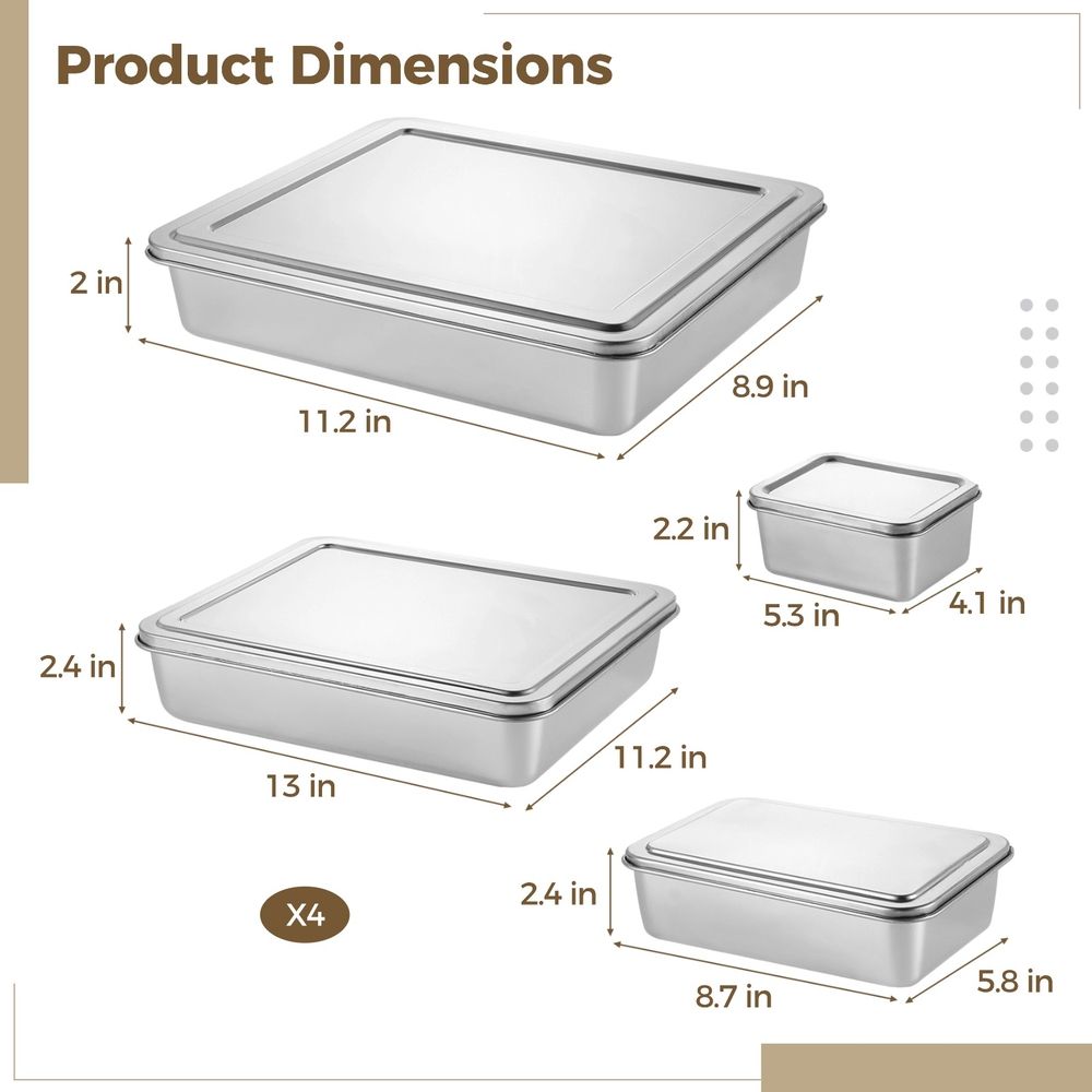 Four stainless steel baking pans with lids in various sizes, ideal for baking and cooking, designed for food safety.