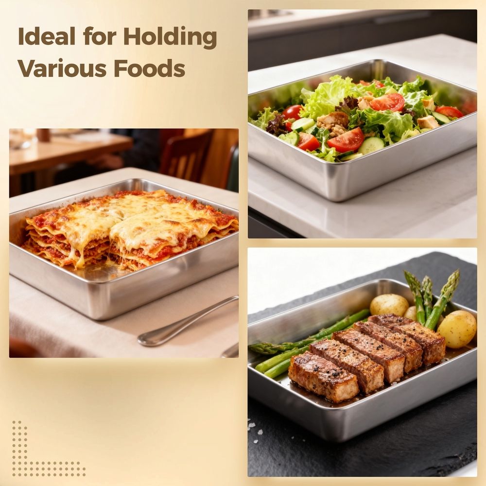 Four stainless steel rectangle cake pans with lids, food-safe baking set for kids' pretend play and cooking activities.
