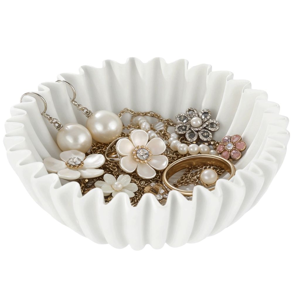 Decorative ruffle bowl with French wave design, used as a stylish centerpiece or organizer for home decor and pretend play.