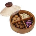 Wooden snack box with glass lid, 4-compartment acacia wood serving tray for snacks, candy, nuts, and food storage.
