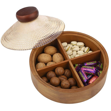Wooden snack box with glass lid, 4-compartment acacia wood serving tray for snacks, candy, nuts, and food storage.