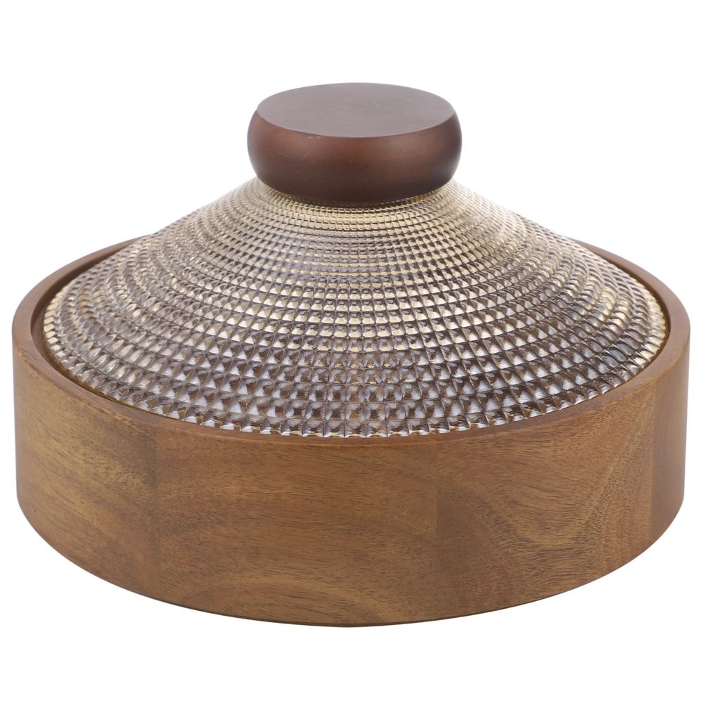 Wooden snack box with glass lid, 4-compartment acacia wood tray for candies, nuts, and snacks, ideal for parties and home use.