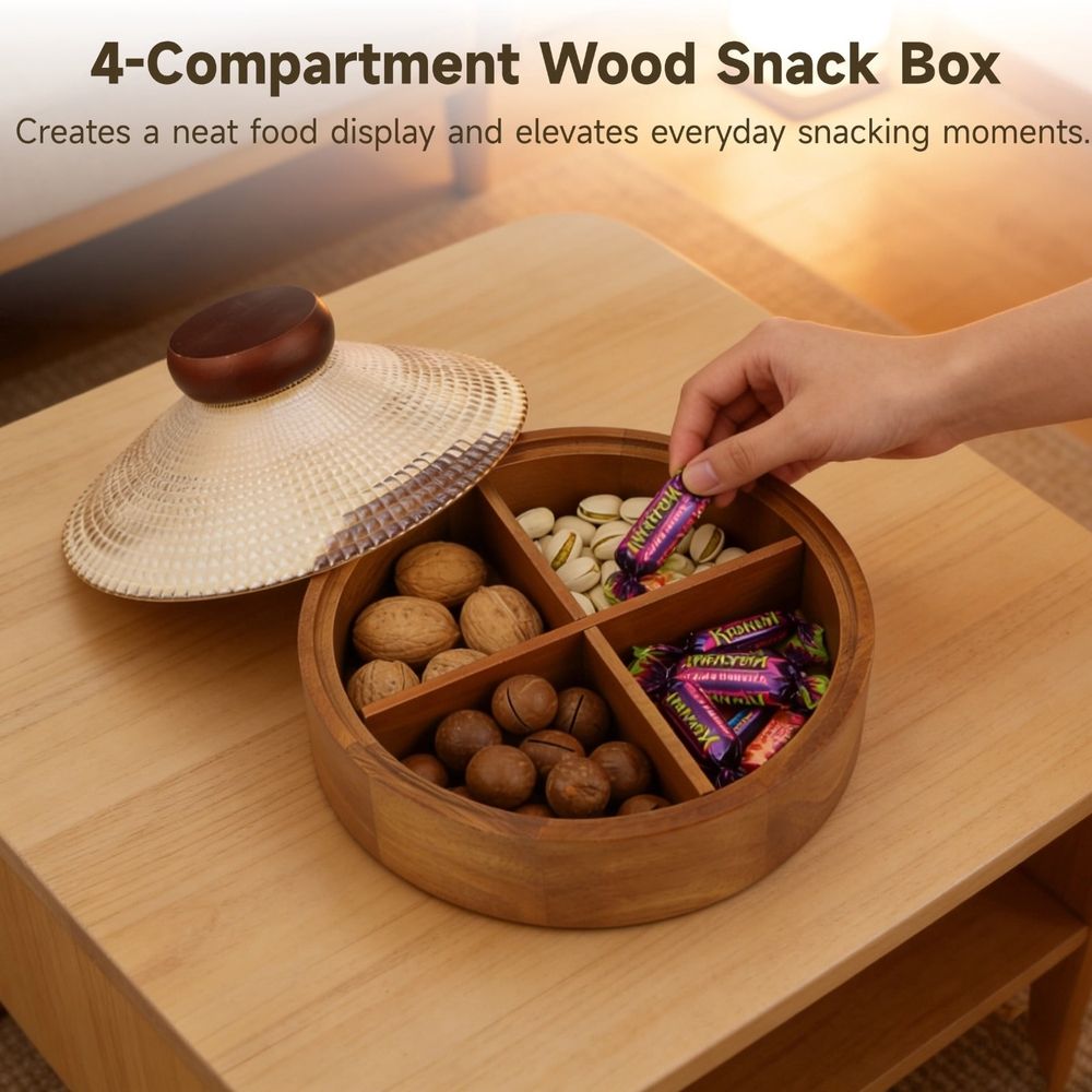 Wooden snack box with glass lid, 4-compartment acacia wood serving tray for snacks, candy, and nuts, ideal for parties and home use.