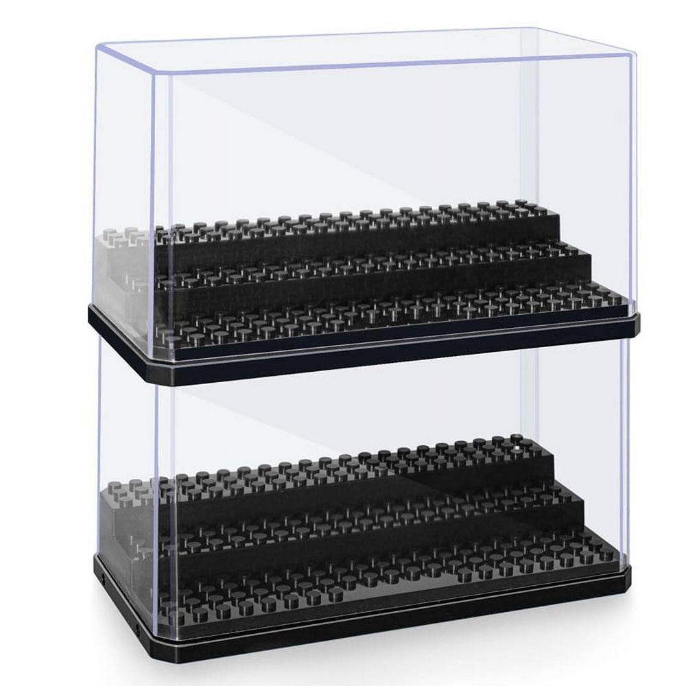 Stackable dustproof display box for baby and kid's action figures and building blocks, ideal for pretend play storage.