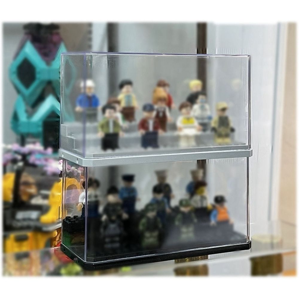 Stackable mini display box for action figures by Everything Baby, dustproof storage for toy building blocks and pretend play figures.