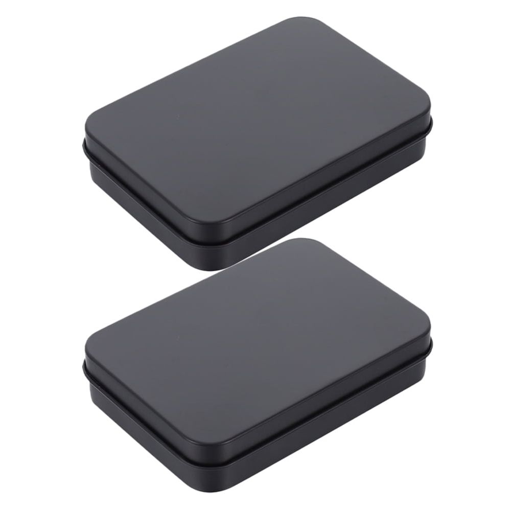 Two black metal small tins with lids for game card storage and accessories, ideal for organizing kid's backpacks or small items.