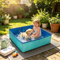 Red foldable pet bath tub and portable kiddie pool for small dogs, cats, and kids, made of PVC with quick setup and collapsible design.