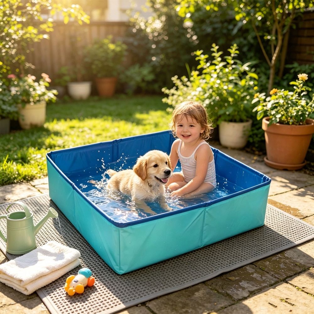 Red foldable pet bath tub and portable kiddie pool for small dogs, cats, and kids, made of PVC with quick setup and collapsible design.