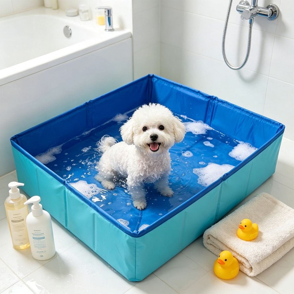 Red foldable pet bath tub and portable paw washer for small dogs and cats, with a collapsible design for easy setup.