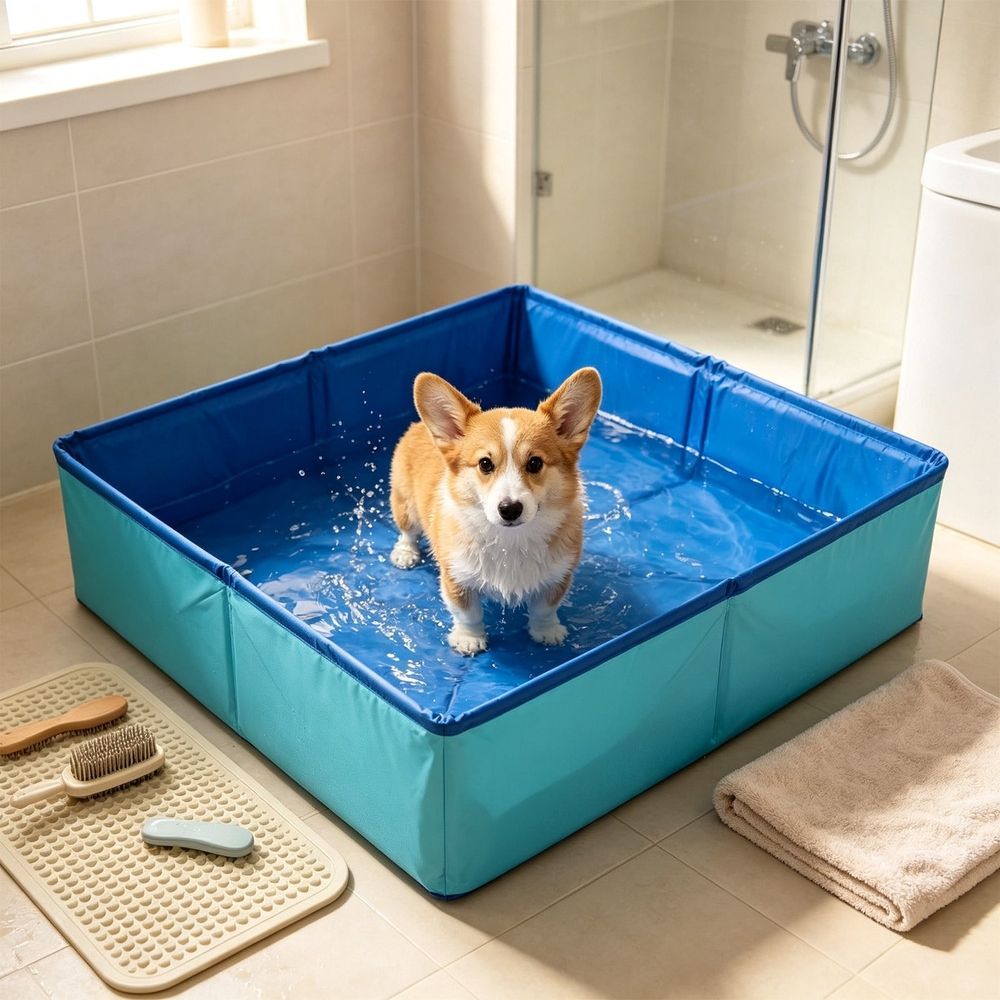 Red foldable pet bath tub for small dogs and cats, portable collapsible dog paw washer, suitable for kiddie pools and water play.