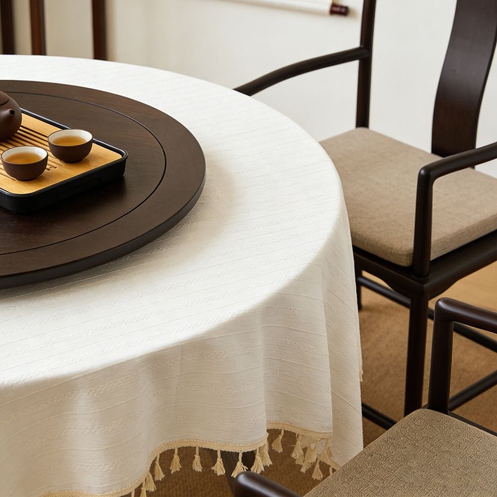 Round cotton tablecloth with tassels, soft and dust-proof fabric, perfect for kitchen, dining, or party table decor.