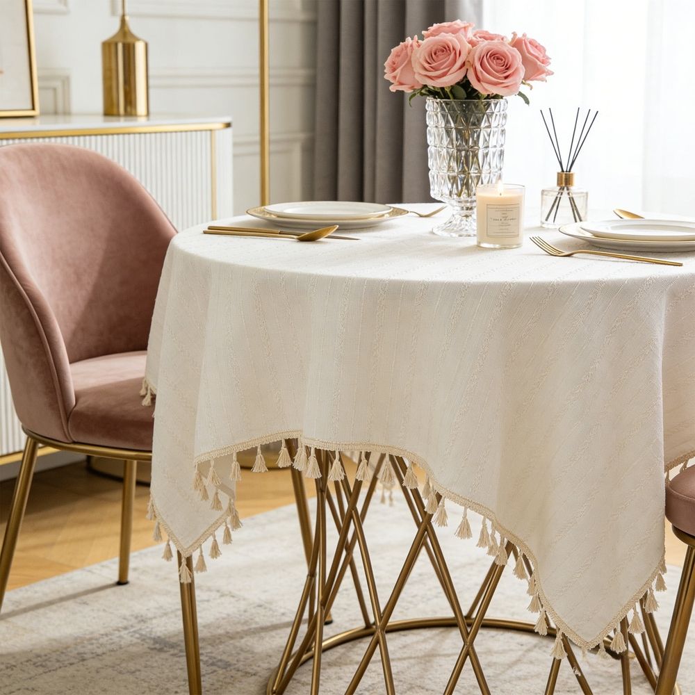 Round cotton tablecloth with tassels, soft and dust-proof fabric, suitable for kitchen or dining table, by Everything Baby.