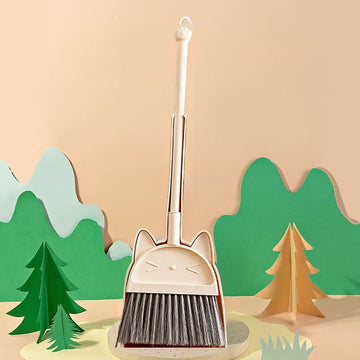 Kids broom and dustpan set by Everything Baby, stainless steel with long handle, ideal for pretend play in kitchen and outdoor settings.