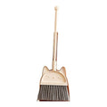 Kids stainless steel broom and dustpan set with long handle, suitable for pretend play in kitchen or home indoor and outdoor use.