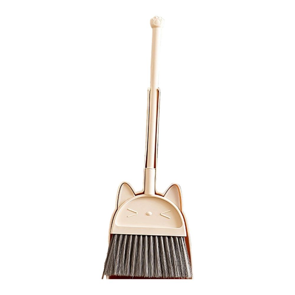 Kids stainless steel broom and dustpan set with long handle, suitable for pretend play in kitchen or home indoor and outdoor use.