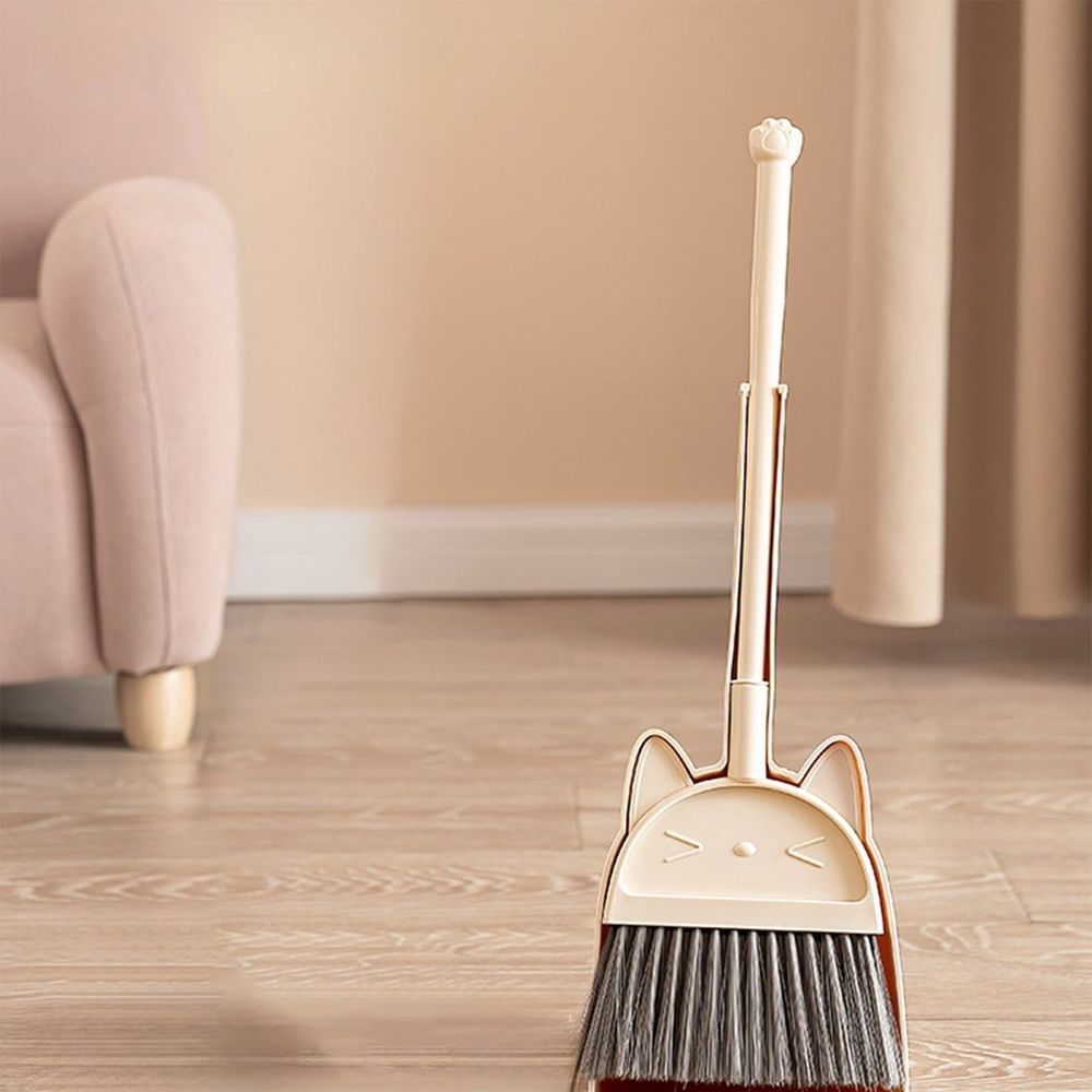 Kids stainless steel broom and dustpan set with long handle, pretend play toy for kids' indoor and outdoor cleaning activities.