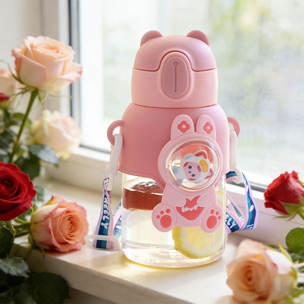 Cute pink kids water bottle from Everything Baby with leak-proof design, ideal for girls and toddler hydration.