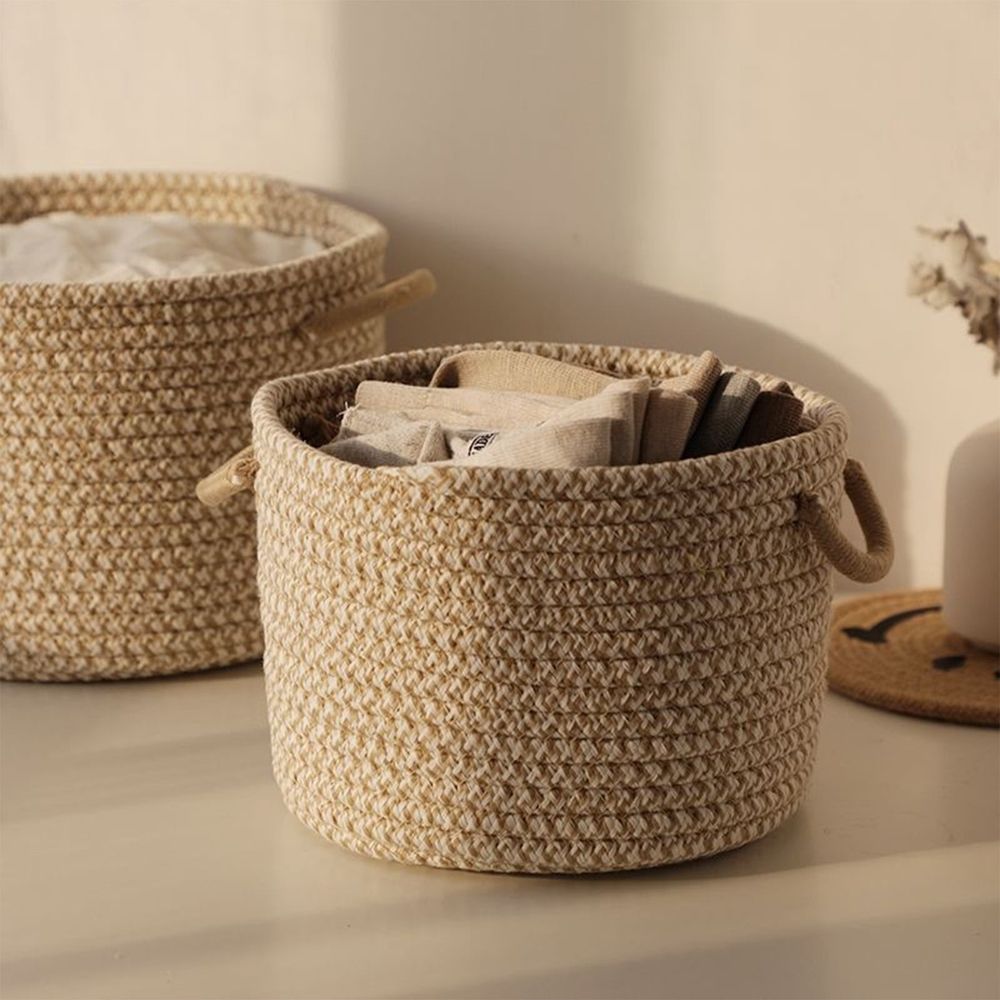 Mini rope woven storage basket by Everything Baby, cute kid's toy box organizer for nursery, living room, or closet storage.